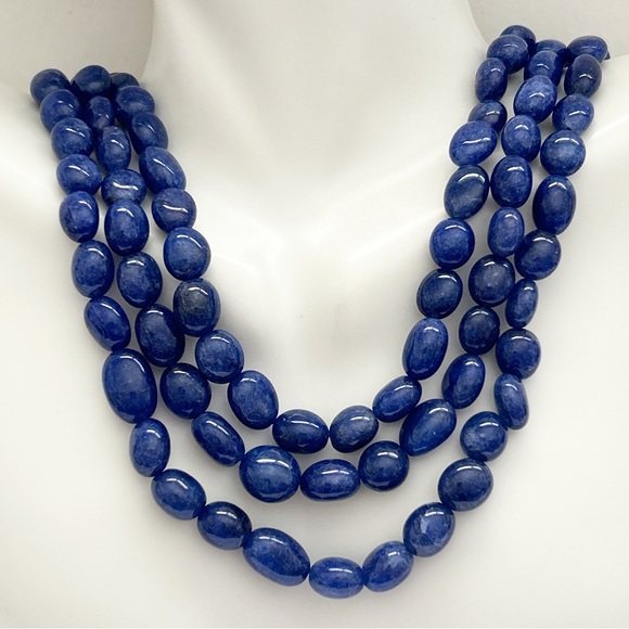 Stunning Triple Strand Blue Sapphire Bead Necklace - Picture 1 of 10